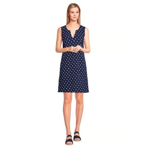 Lands' End Navy Blue Polka Dot Knit Shift Dress w/Pockets Size 1X 16W-18W Plus - Picture 2 of 11